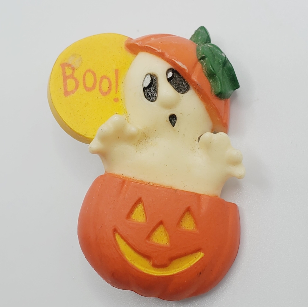 Vintage hallmark cards ghost pumpkin Halloween brooch pin 70's Boo euc